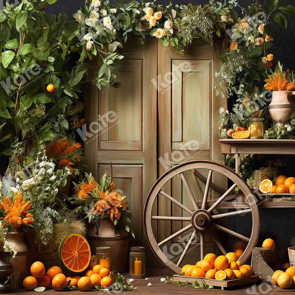 Puerta de madera de fondo diseñada por Chain Photography en el huerto de flores de primavera