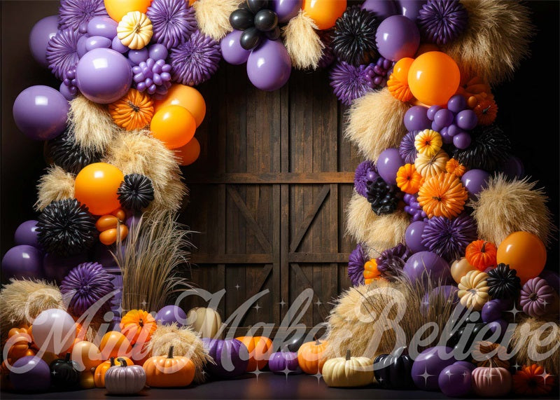 Kate Halloween Barn Pumpkins Balloons Backdrop Designed by Mini MakeBelieve