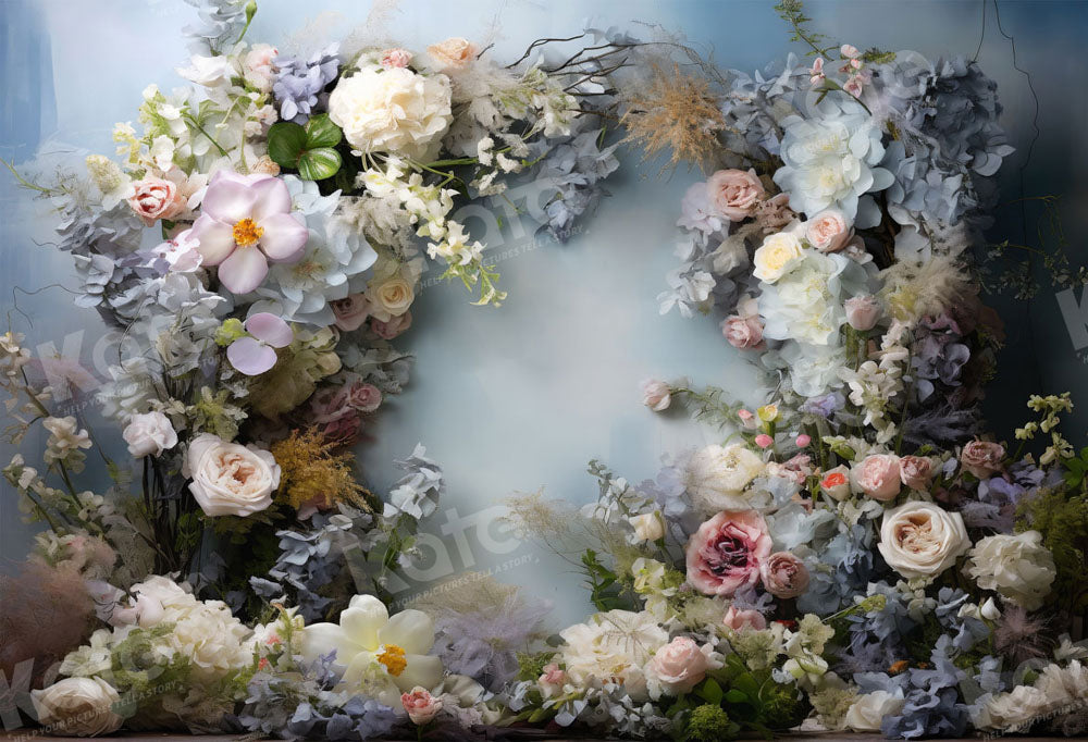 Kate Gray Blue Artistic Flower Wall Backdrop Designed by Emetselch