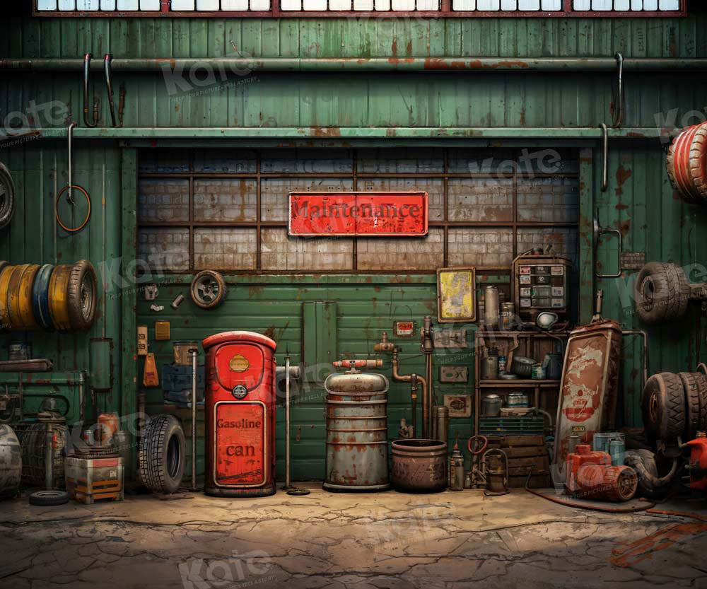 Retro Green Automobile Repair Plant Backdrop Progettato da Chain Photography