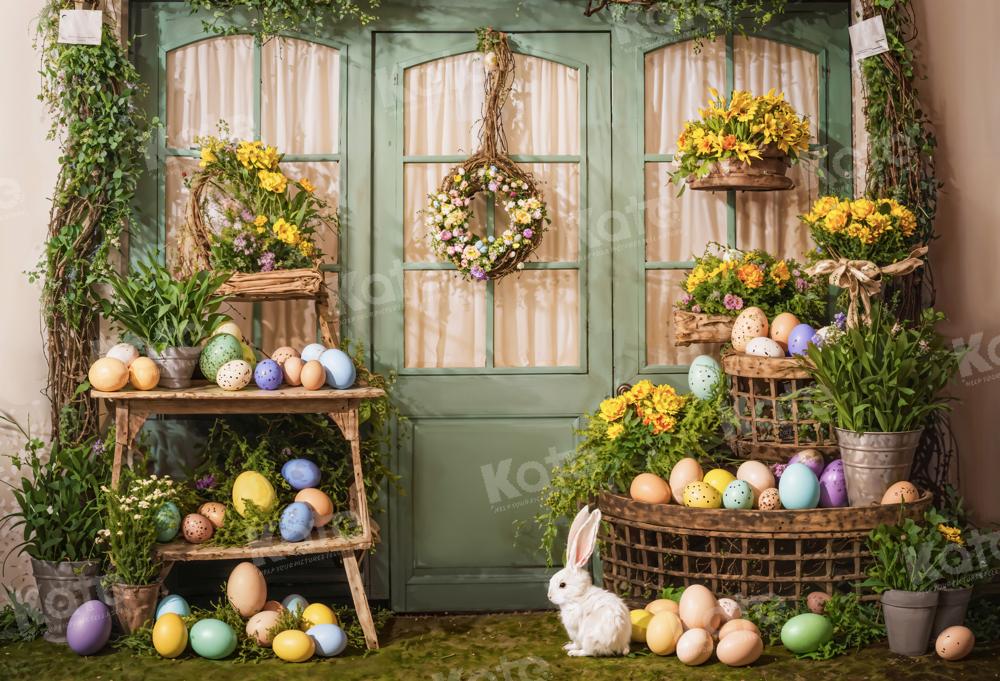 Uova di Pasqua con fiori, piante verdi e coniglio per lo sfondo della stanza progettati da Emetselch