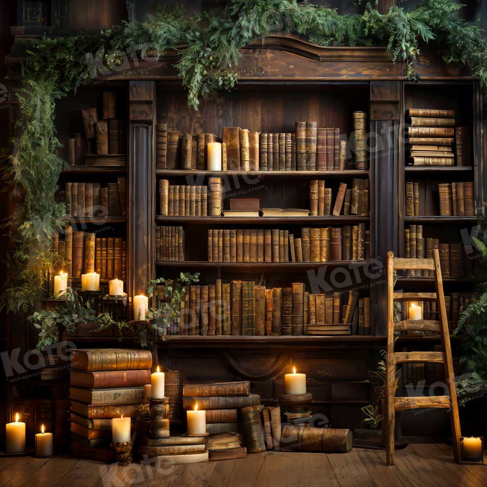 Fondo de salón con diseño de plantas verdes, velas y libros creado por Emetselch.