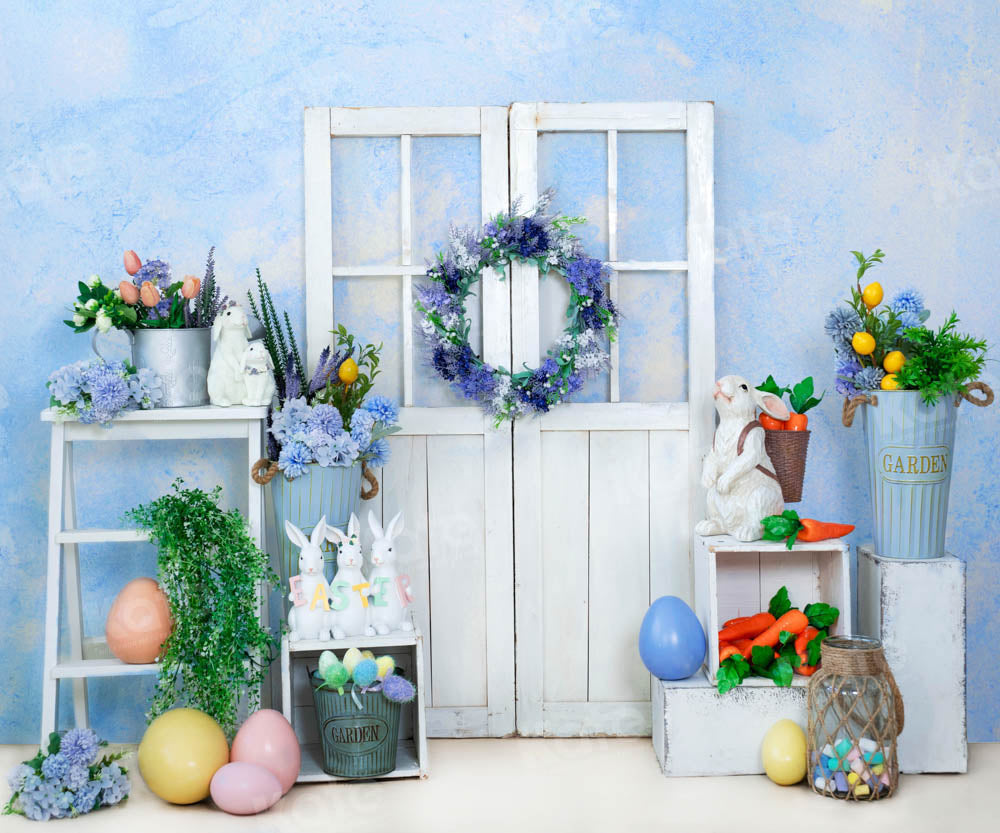Kate Blue Easter Egg Green Plant Bunny Backdrop Designed by Emetselch