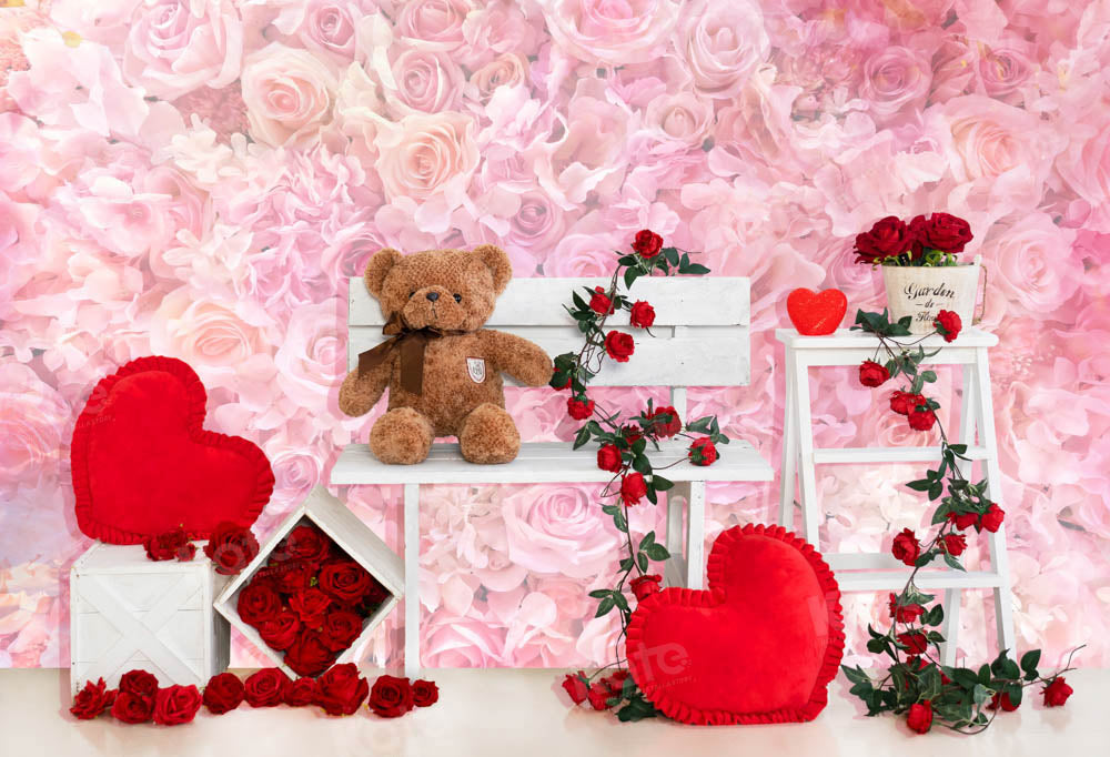 Kate Valentine's Day Rose Bear Printed Backdrop Designed by Emetselch