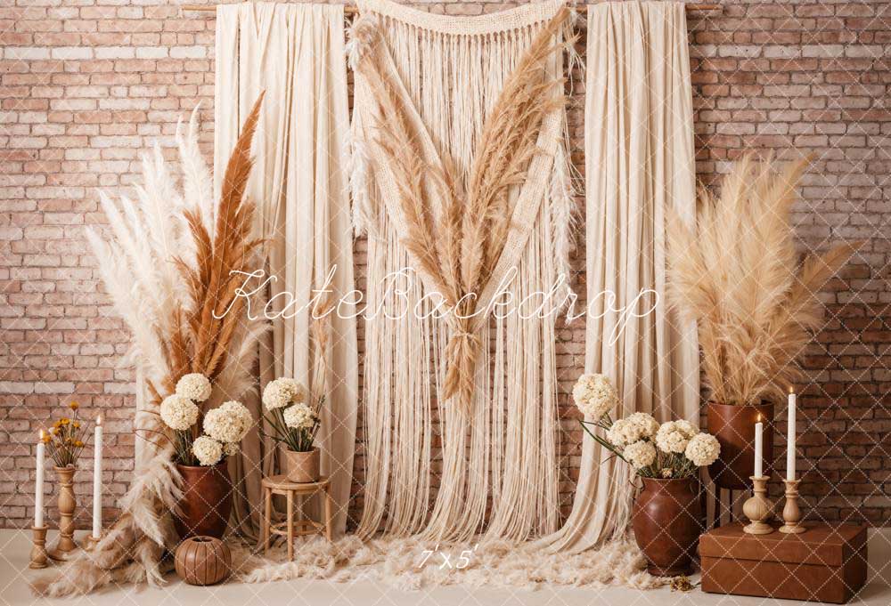 Kate Mother's Day Boho Beige Macrame Pampas Grass Brick Wall Backdrop Designed by Chain Photography