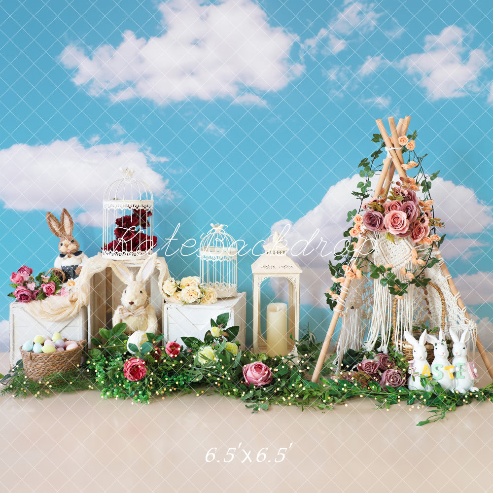 Kate Easter Eggs Flowers Rabbit Blue Sky White Clouds Backdrop Designed by Emetselch