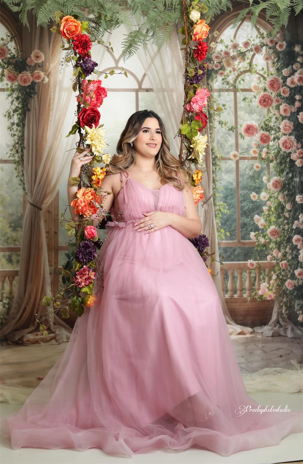 Kate Spring Pink Flowers Window Room Backdrop+Distressed Brick Floor Backdrop