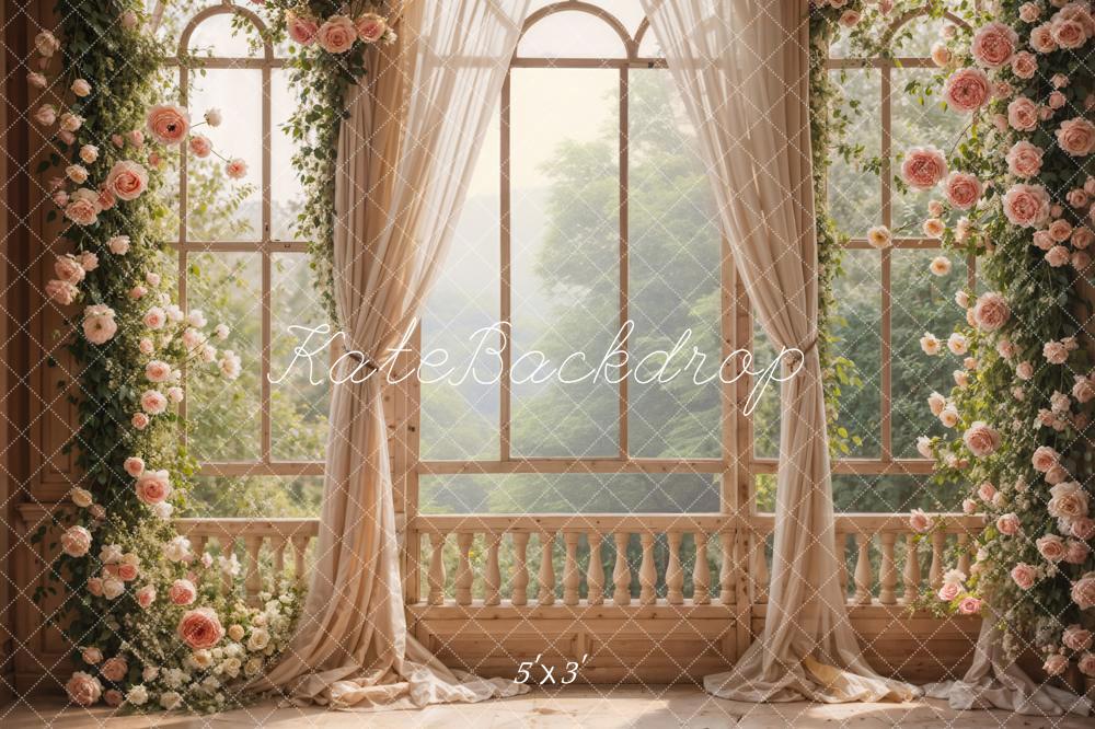 Fondo de pantalla de habitación con ventana de flores rosas de primavera diseñado por Emetselch