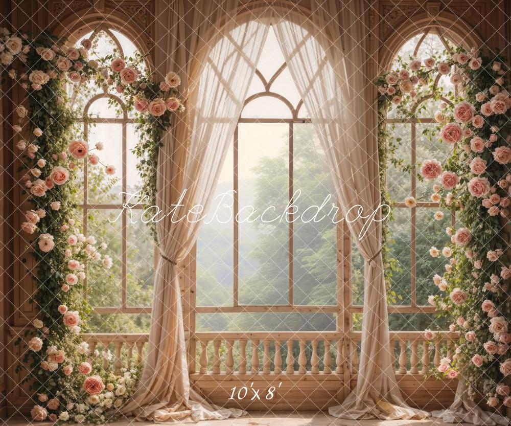 Kate Spring Pink Flowers Window Room Fleece Backdrop Designed by Emetselch