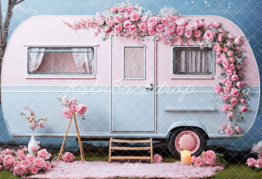 Kate Valentine's Day Pink Flowers RV Printed Backdrop Designed by Chain Photography