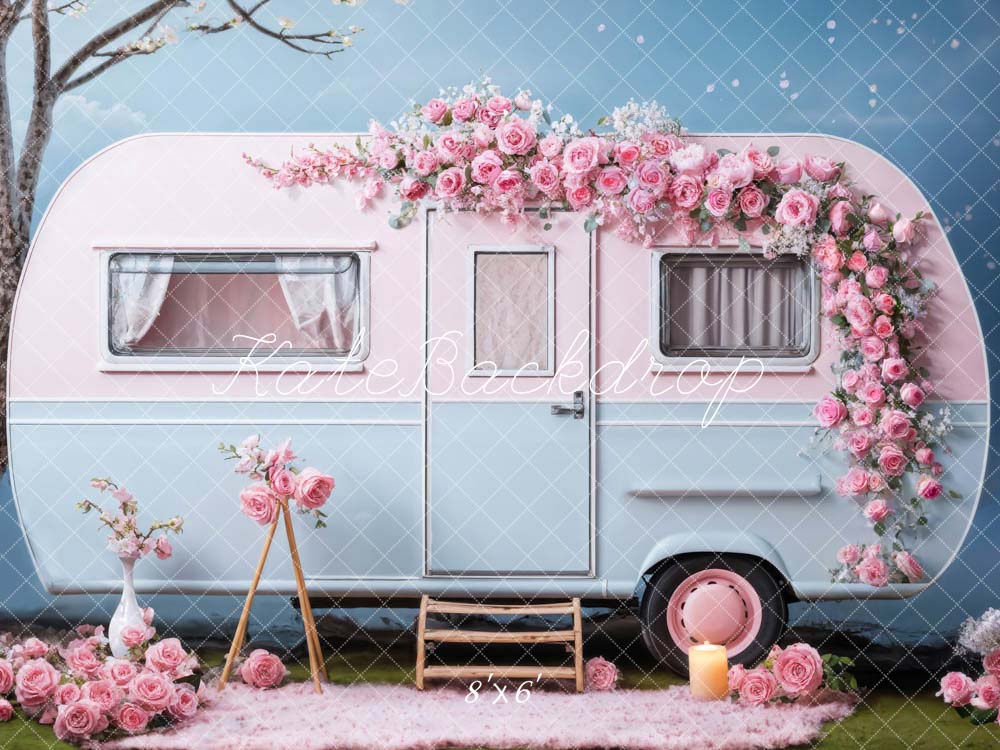Kate Valentine's Day Pink Flowers RV Printed Backdrop Designed by Chain Photography