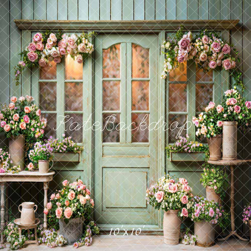 Kate Spring Flowers Green Wooden Door Backdrop Designed by Emetselch