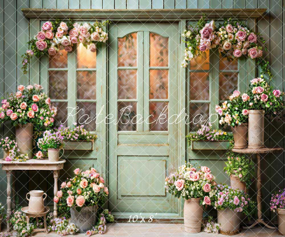 Kate Spring Flowers Green Wooden Door Backdrop Designed by Emetselch