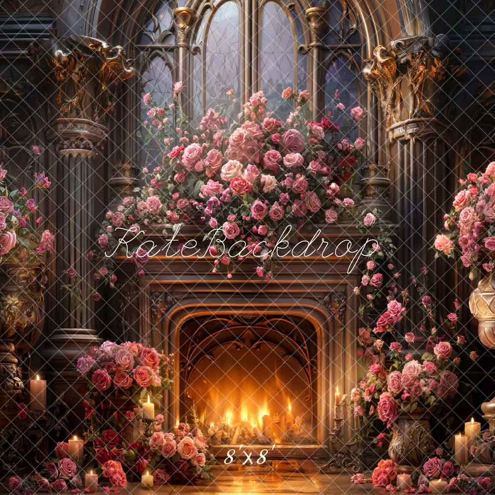 Kate Valentine's Day Pink Rose Metal Fireplace Backdrop Designed by Chain Photography