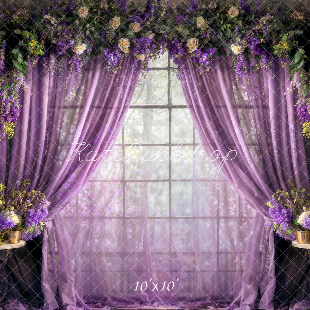 Kate Spring Purple Curtains Fresh Flowers Backdrop Designed by Chain Photography