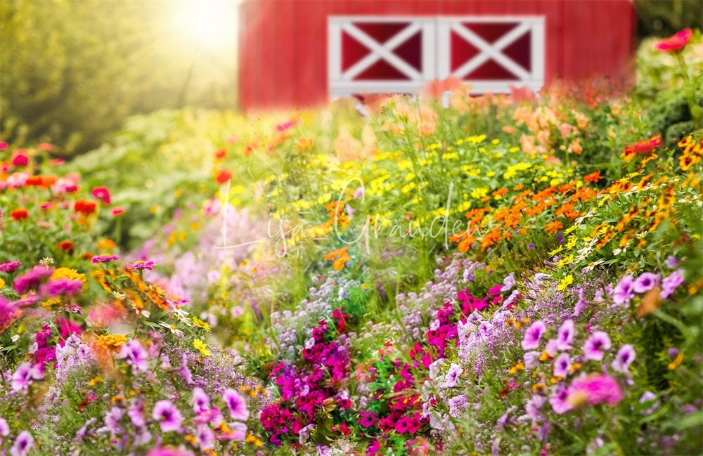 Fondo de granero con flores de primavera diseñado por Lisa Granden para fotografía