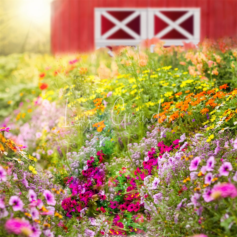 Fondo de granero con flores de primavera diseñado por Lisa Granden para fotografía