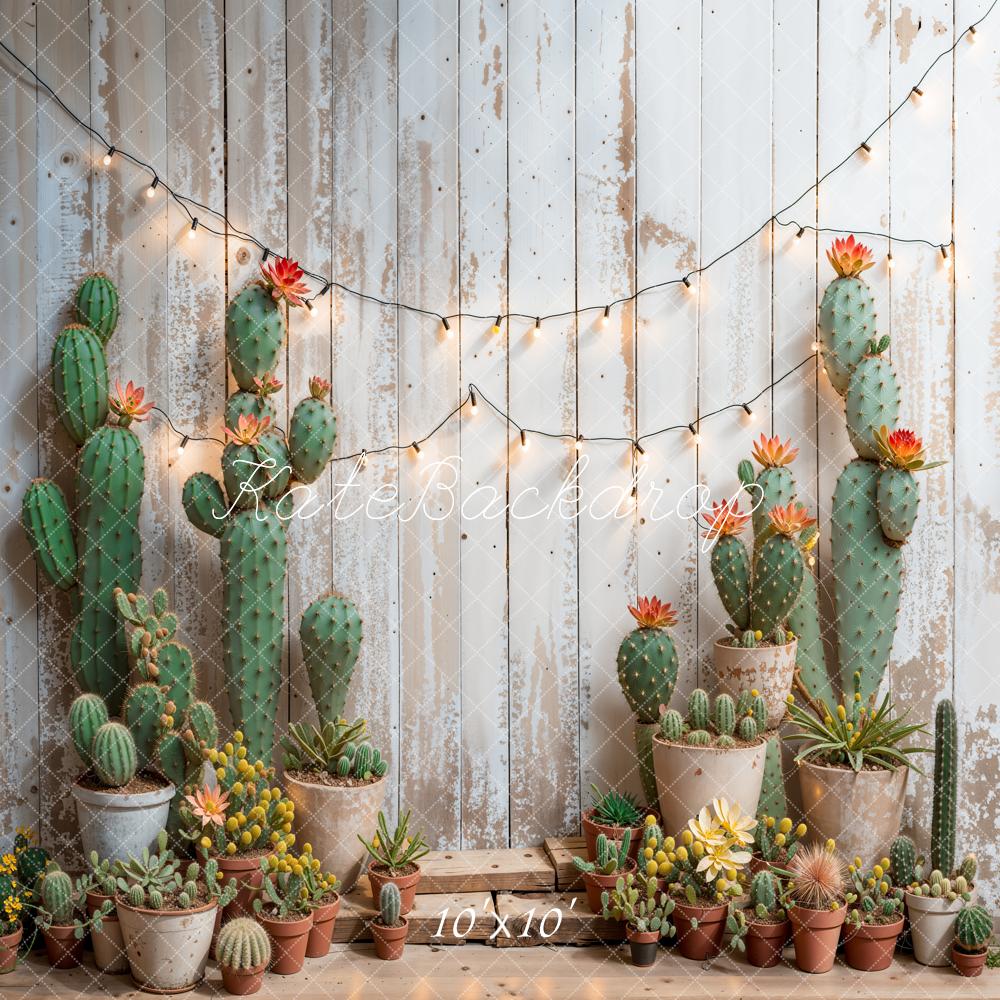 Lente Cactus Slingerlichten op Houten Muur Foto Achtergrond Ontworpen door Emetselch