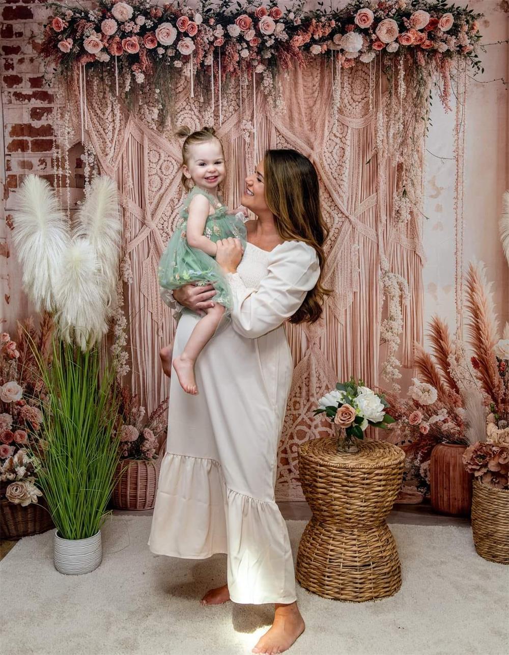 (🔥🔥20% Off Code:BOHO20)Kate Boho Floral Pampas Grass Macrame Curtain Backdrop Designed by Emetselch