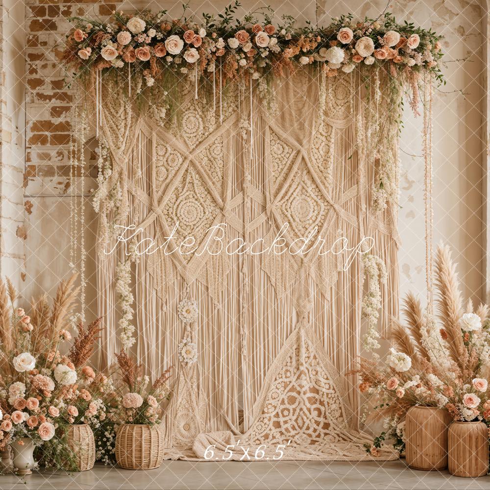 (🔥🔥20% Off Code:BOHO20)Kate Boho Floral Pampas Grass Macrame Curtain Backdrop Designed by Emetselch
