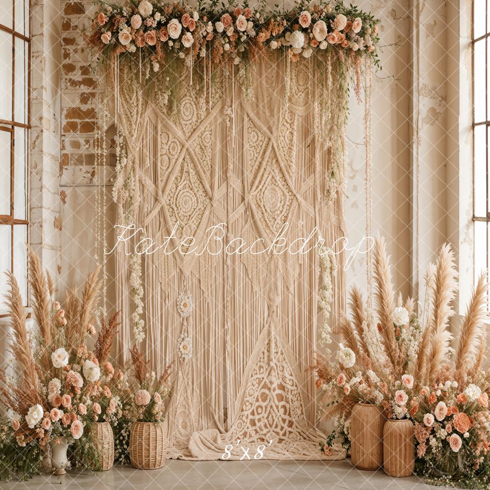 (🔥🔥20% Off Code:BOHO20)Kate Boho Floral Pampas Grass Macrame Curtain Backdrop Designed by Emetselch