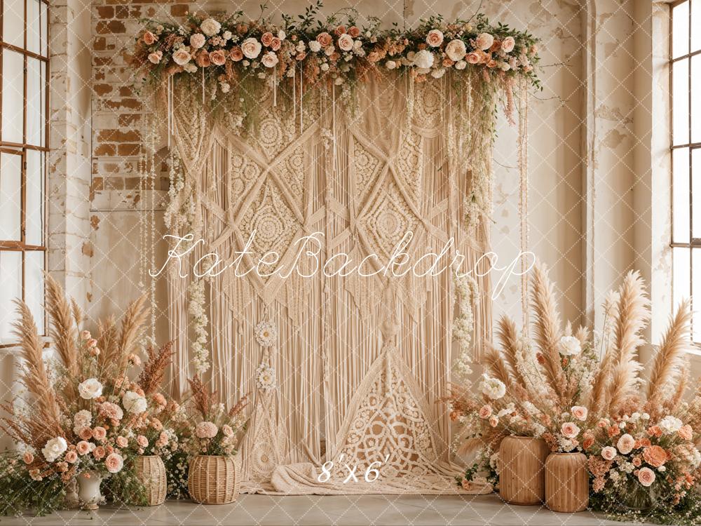 (🔥🔥20% Off Code:BOHO20)Kate Boho Floral Pampas Grass Macrame Curtain Backdrop Designed by Emetselch