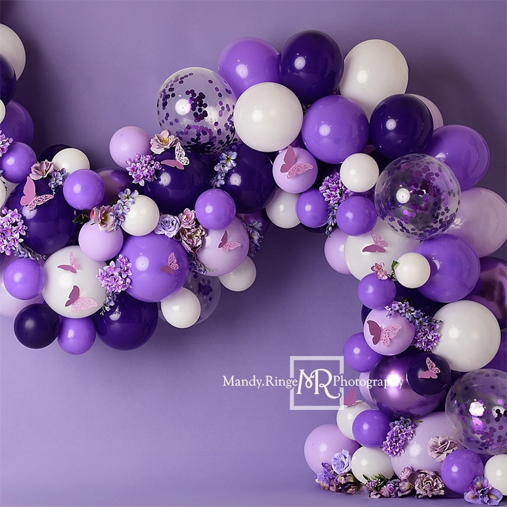 Kate Purple and White Balloon Garland with Flowers and Butterflies Backdrop Designed by Mandy Ringe Photography