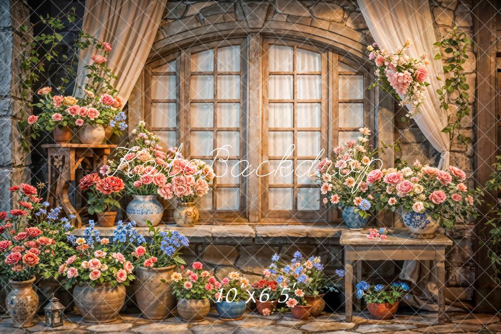 Kate Spring Window Pink Blue Floral Pot Backdrop Designed by Emetselch