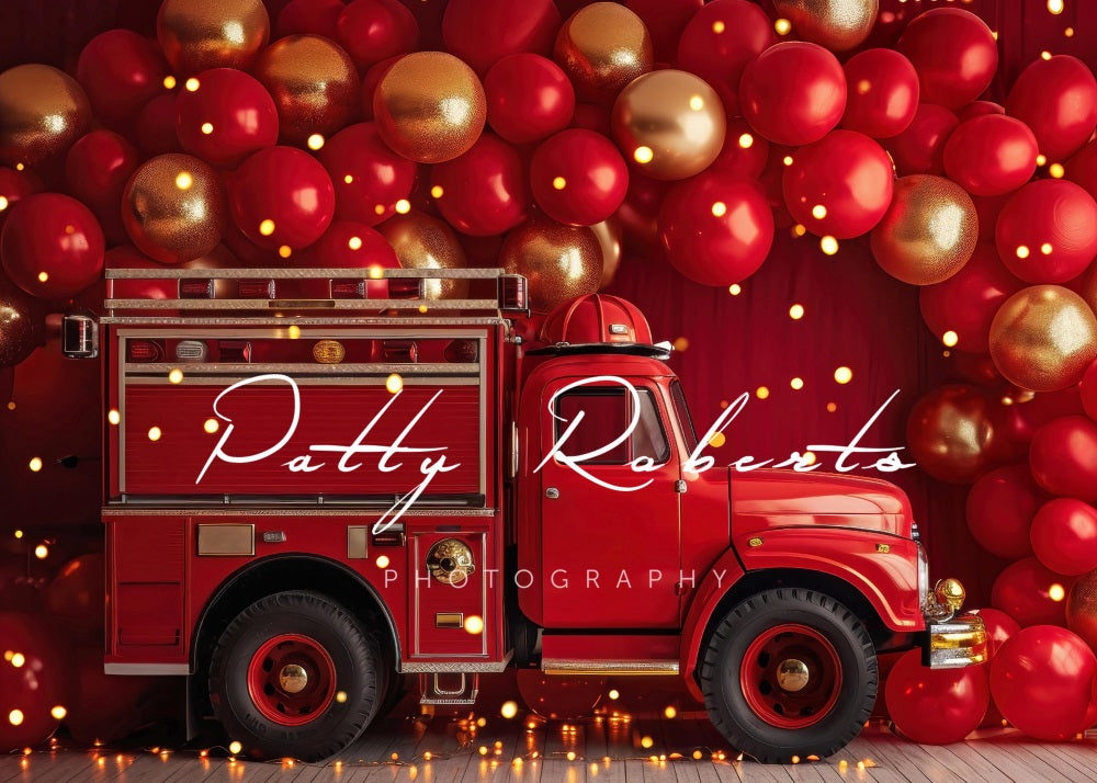 Red Fire Truck Balloon Birthday Backdrop For Photo
