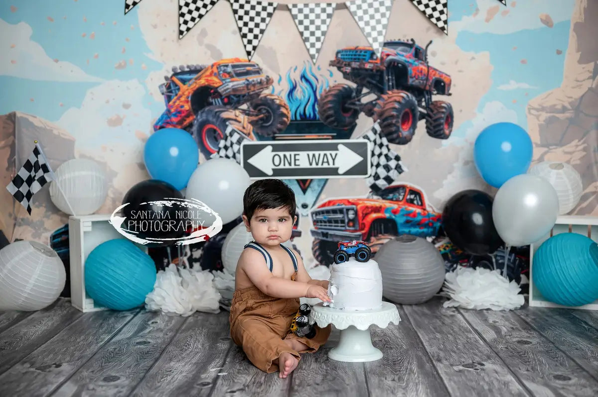 Kate Cartoon Storm Racing Game Blue Monster Truck Backdrop Designed by Mini MakeBelieve