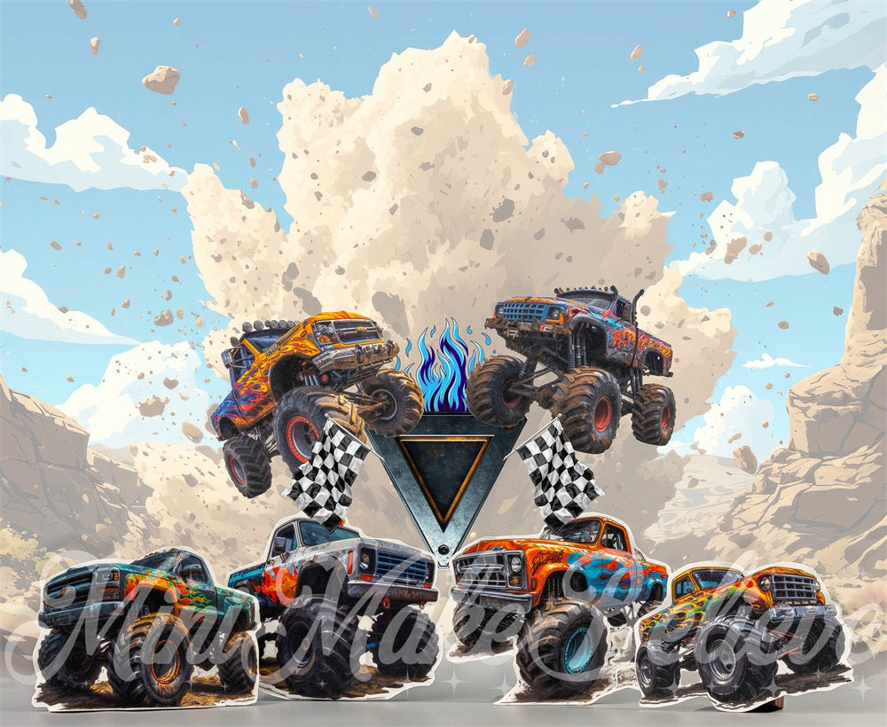 Kate Cartoon Storm Racing Game Blue Monster Truck Backdrop Designed by Mini MakeBelieve