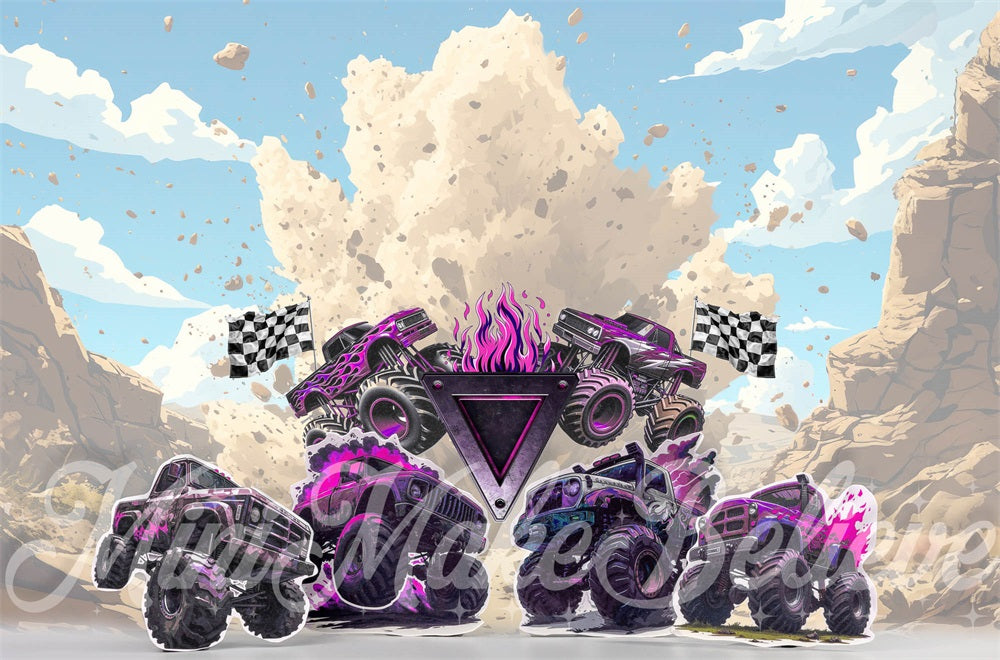 Cartoon Storm Racing Game Purple Monster Truck Foto Achtergrond Ontworpen door Mini MakeBelieve