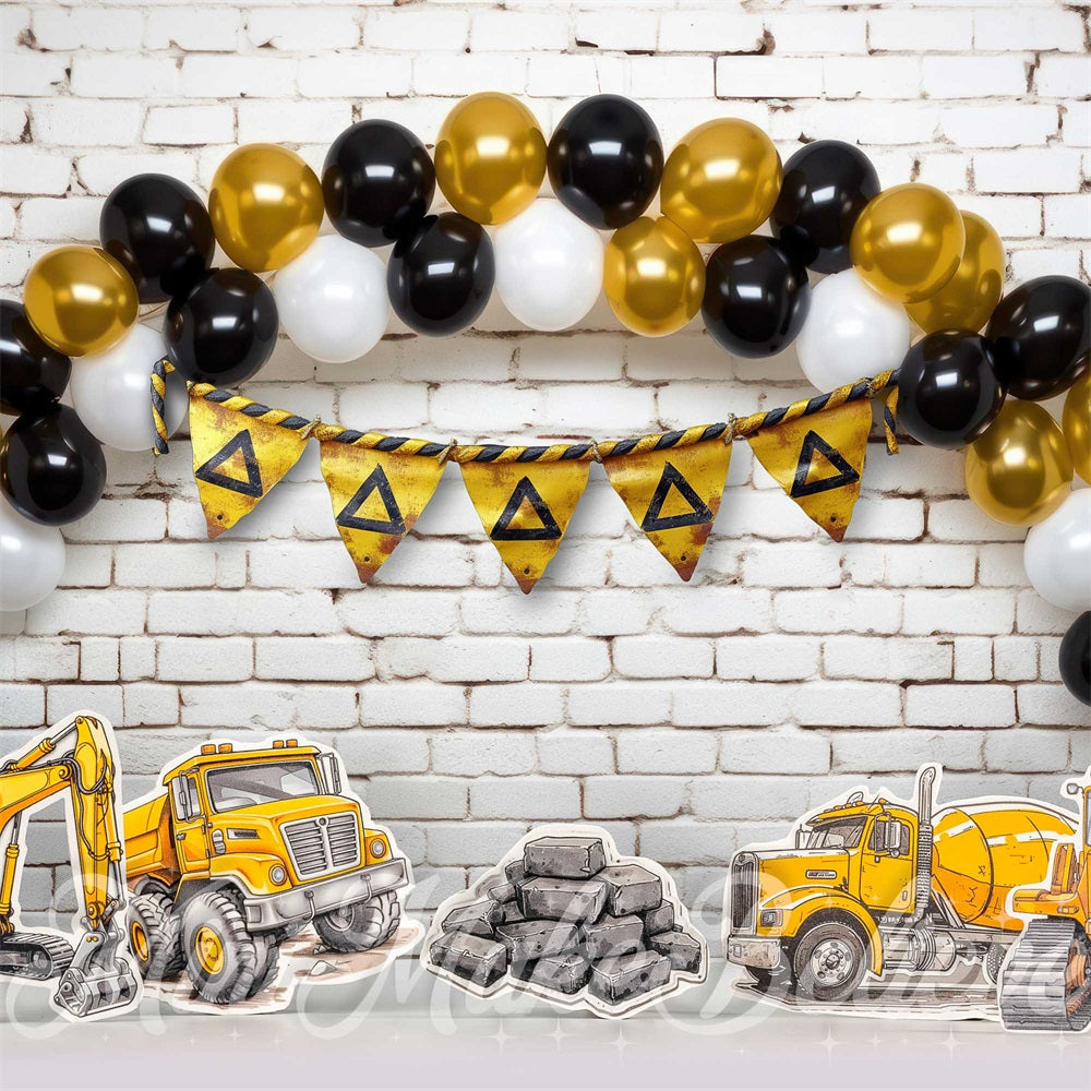 Kate Cake Smash Construction Gold Black White Balloons Arch  Wall Backdrop Designed by Mini MakeBelieve