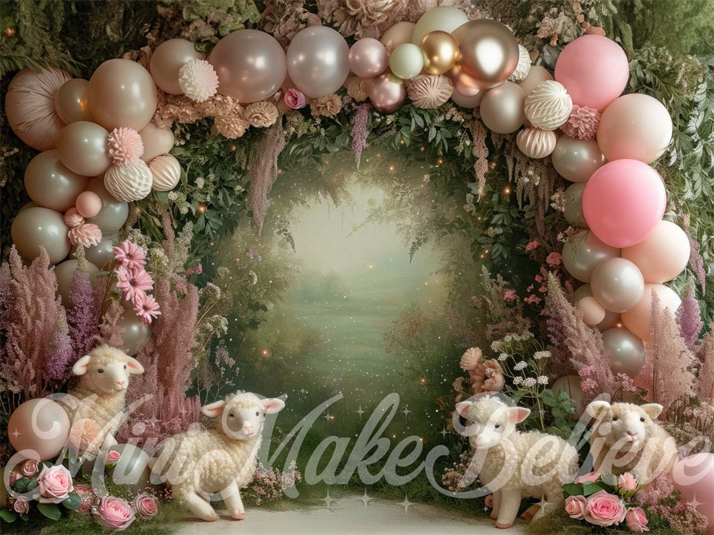 Kate Spring Pink Fantasy Forest Lamb Balloon Arch Backdrop Designed by Mini MakeBelieve
