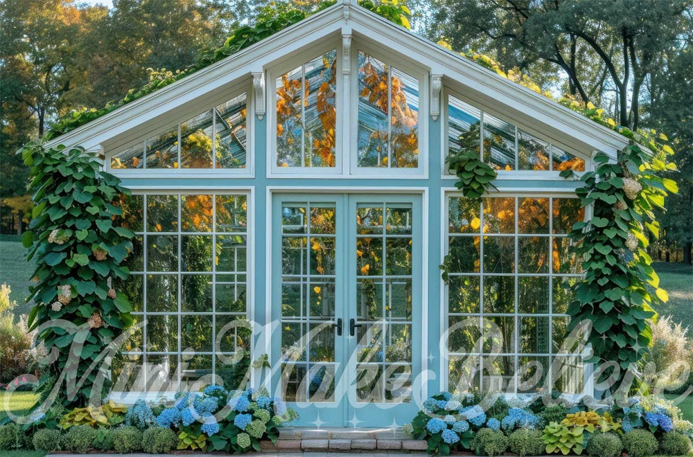 Kate Spring Forest Plants Exterior Blue Greenhouse Backdrop Designed by Mini MakeBelieve