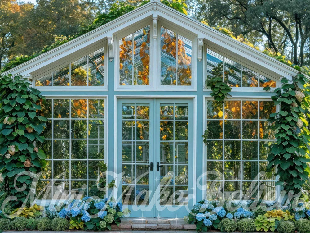 Kate Spring Forest Plants Exterior Blue Greenhouse Backdrop Designed by Mini MakeBelieve