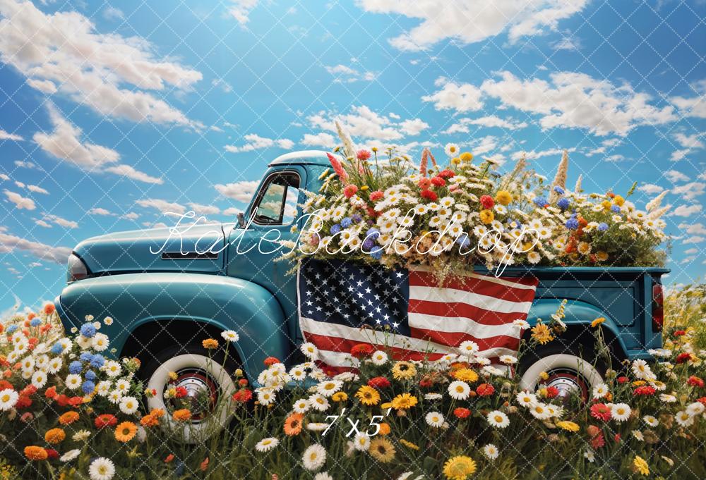 Kate Independence Day USA Flag Flower Field Blue Truck Backdrop Designed by Emetselch