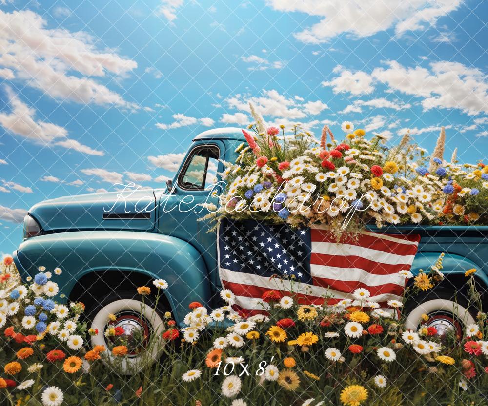 Kate Independence Day USA Flag Flower Field Blue Truck Backdrop Designed by Emetselch