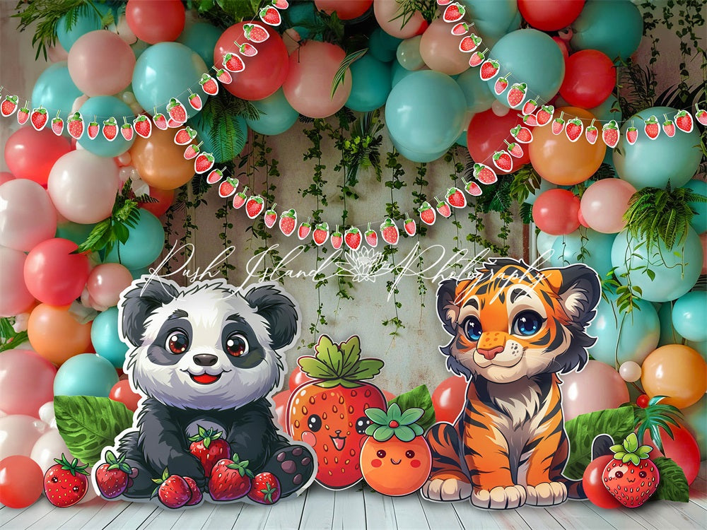 Cartoon Kleurrijke Ballonnen Aardbei Lovin Panda en Tijger Foto Achtergrond Ontworpen door Laura Bybee