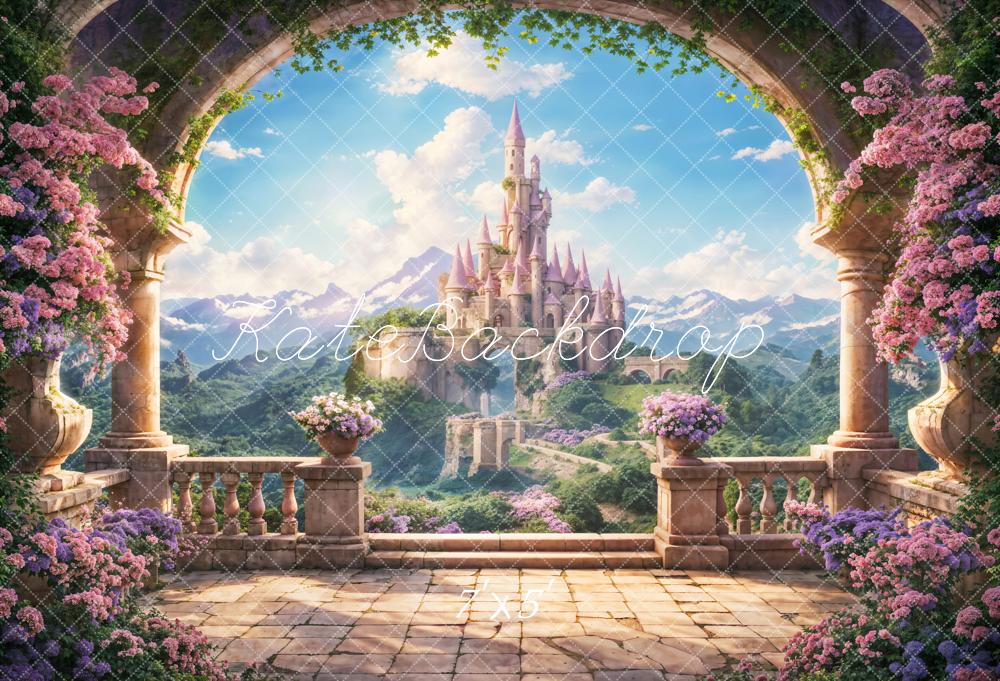 Lente Fantasie Bloemenboog Vensterbank Blauwe Lucht Witte Wolk Berg Kasteel Foto Achtergrond Ontworpen Door Chain Photography.