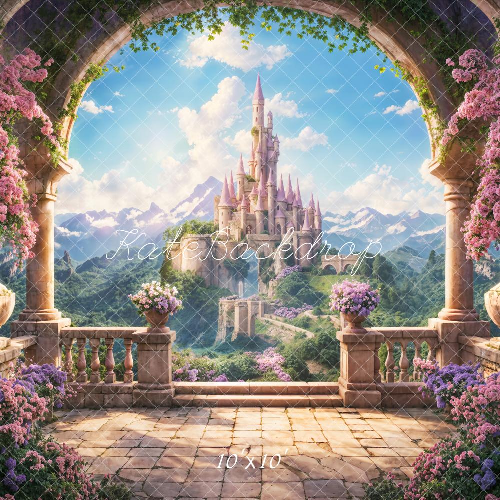 Lente Fantasie Bloemenboog Vensterbank Blauwe Lucht Witte Wolk Berg Kasteel Foto Achtergrond Ontworpen Door Chain Photography.