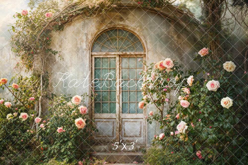 Foresta Primaverile di Sorgente Fiorita: Progetto di Sfondo di Vecchia Cabina con Archi Verdi e piante, Design di Emetselch