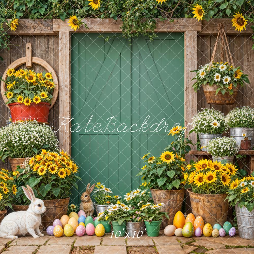 Kate Easter Eggs Bunny Green Plant Sunflower Wooden Door Backdrop Designed by Emetselch