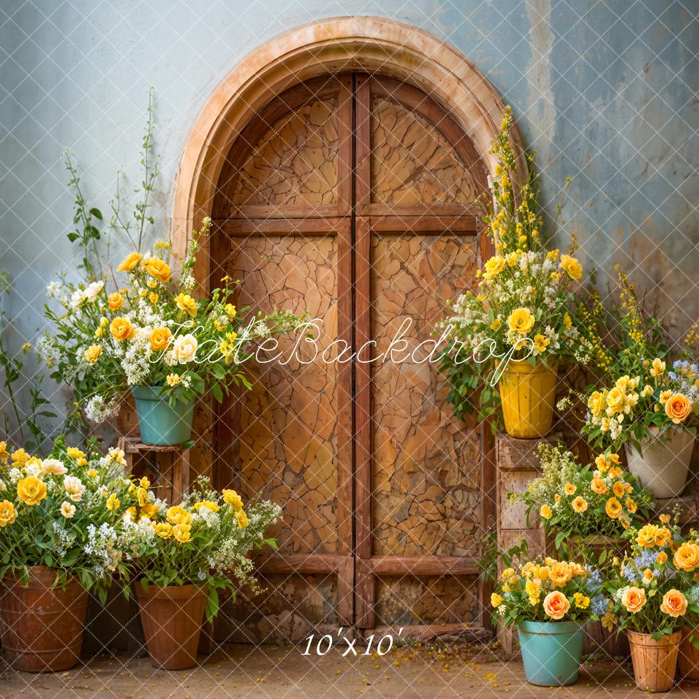 Kate Spring Pet Yellow Flower Broken Dark Brown Arch Door Backdrop Designed by Emetselch