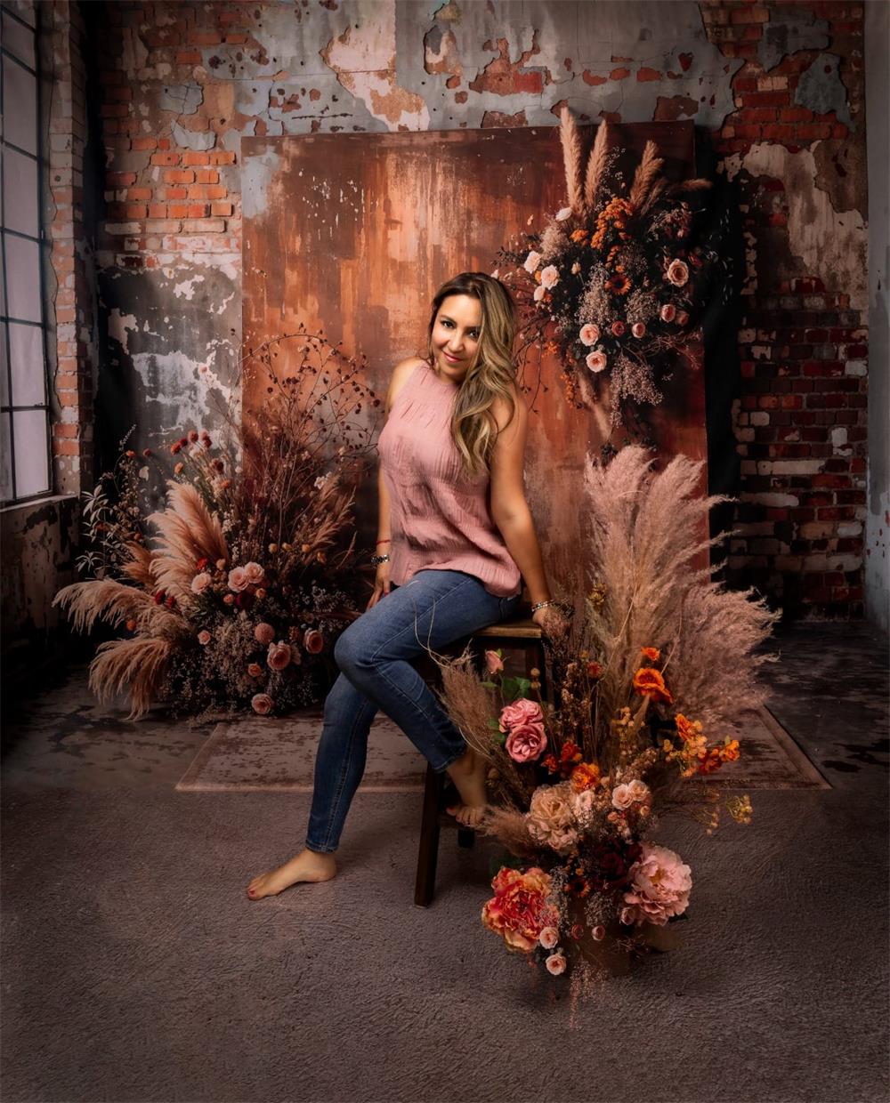 Kate Boho Mother's Day Dark Brown Reed Floral Old Brick Wall Backdrop Designed by Emetselch