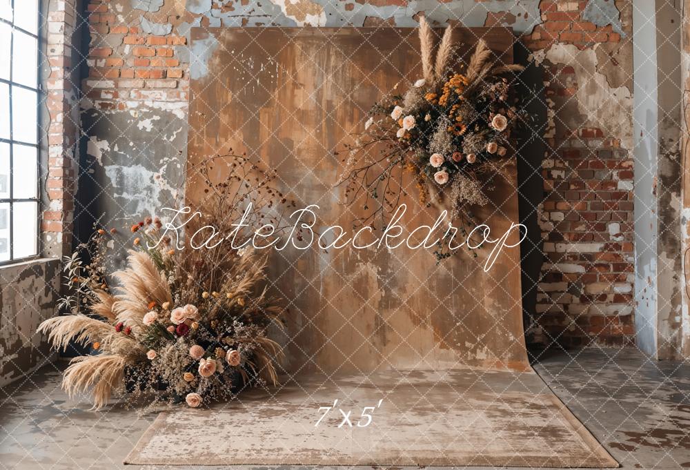 Kate Boho Mother's Day Dark Brown Reed Floral Old Brick Wall Backdrop Designed by Emetselch