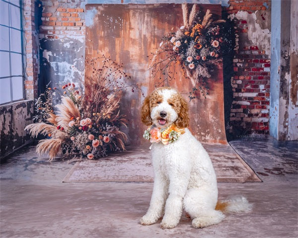Boho Pet Dark Brown Indoor Reed Floral Old Brick Wall Backdrop Diseñado por Emetselch