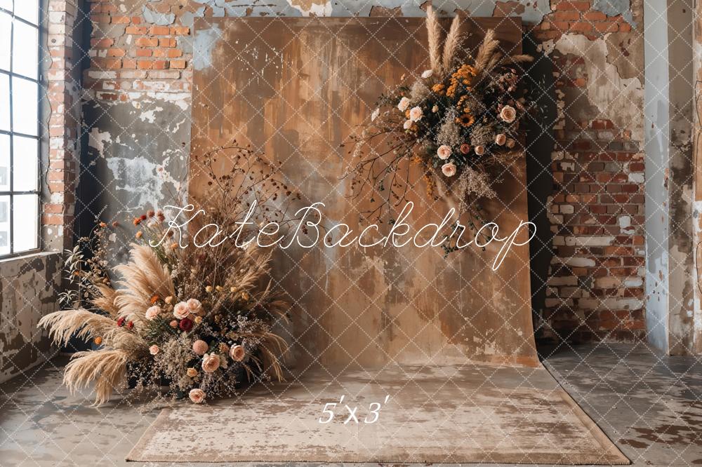 Kate Boho Dark Brown Indoor Reed Floral Old Brick Wall Backdrop Designed by Emetselch