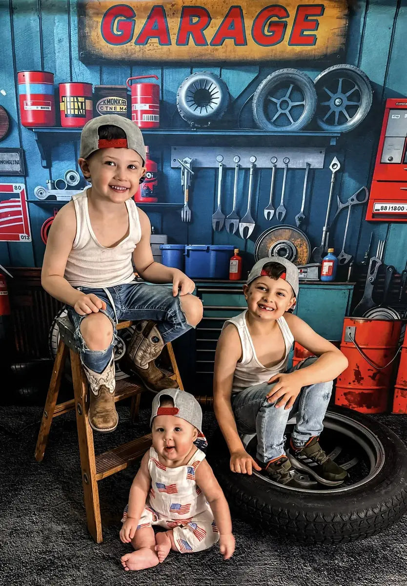 Kate Modern Tool Holder and Tires Red Tanker Garage Printed Backdrop Designed by Emetselch
