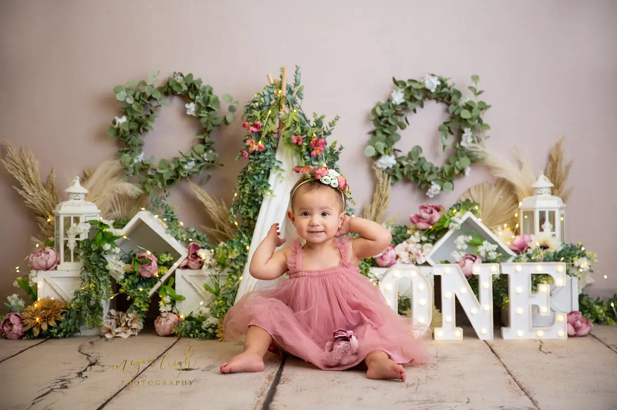 Kate Spring Boho Green Plants Wreath White Camping Tent Pink Wall Backdrop Designed by Megan Leigh Photography